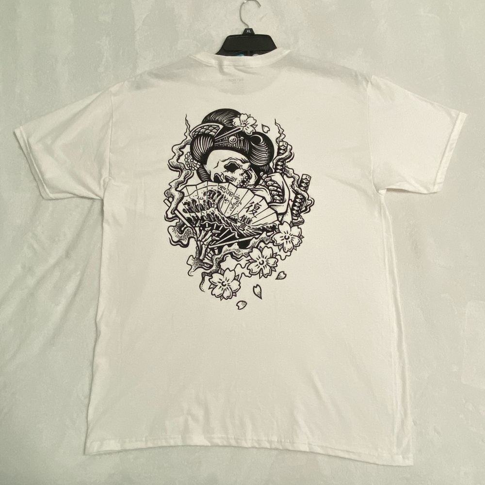 Men’s Large Graphic T Shirt Geisha Skeleton Tattoo